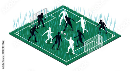 Isometric soccer match in rainy weather on green field with players in action