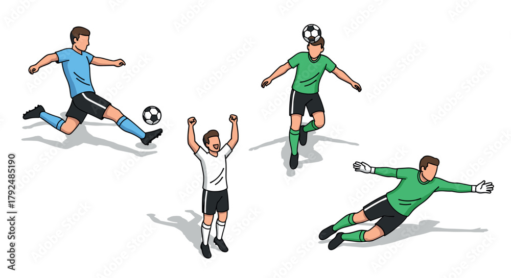 Fototapeta premium Dynamic soccer players in action: kicking, celebrating, and goalkeeping
