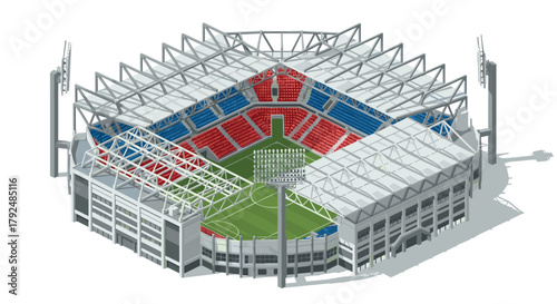 Modern isometric soccer stadium design with detailed architecture and seating arrangement