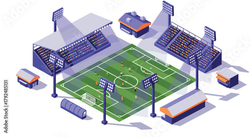 Isometric soccer stadium with players and floodlights in vibrant colors