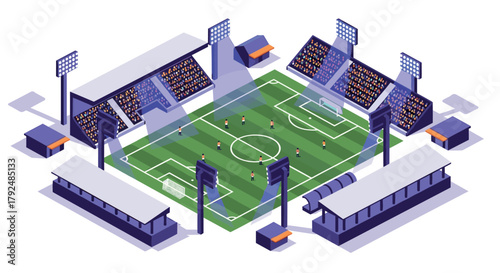 Isometric soccer stadium with players and spectators in vibrant 3d design