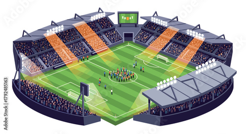 Isometric soccer stadium with crowd and lights in full action scene