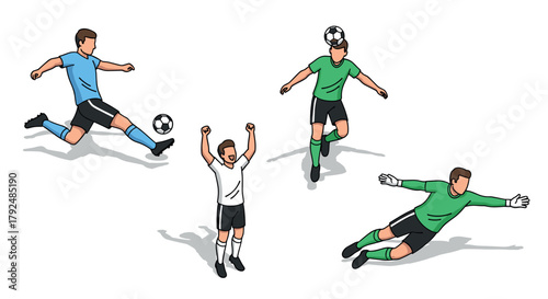 Dynamic soccer players in action: kicking, celebrating, and goalkeeping