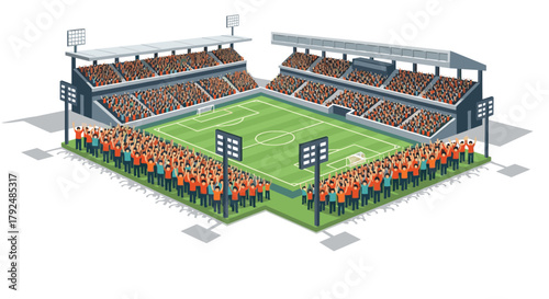 Isometric soccer stadium with crowd and detailed architecture design