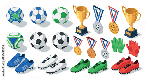 Isometric sports equipment collection with balls, trophies, medals, gloves, shoes