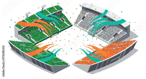 Isometric stadium with vibrant crowd and colorful streamers in motion