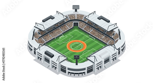 Isometric soccer stadium with green field and spectator stands