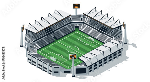 Futuristic isometric soccer stadium with detailed roof and lighting
