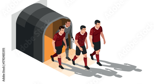 Isometric soccer players exiting tunnel in team uniforms on game day