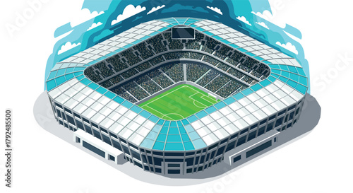 Modern isometric soccer stadium with cloudy sky and green field