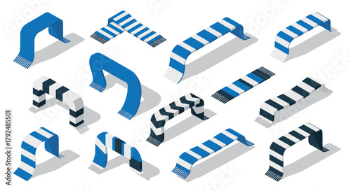 Isometric blue and white striped scarves in varied patterns on white background