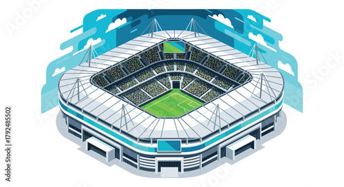 Modern isometric soccer stadium with lush green field and spectator seats