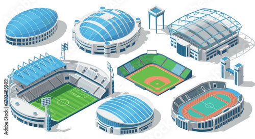Isometric sports stadiums collection: soccer, baseball, and more
