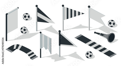 Isometric soccer fan gear: flags, balls, scarves, and horns in black and white