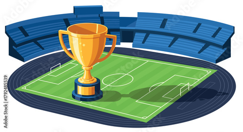 Golden trophy on soccer field in stadium with blue stands for championship events