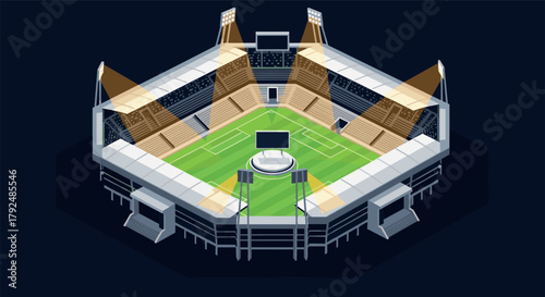Isometric night soccer stadium with bright floodlights and green field