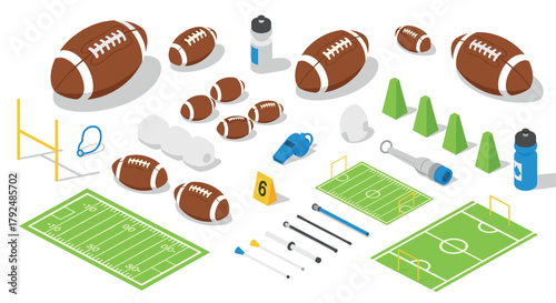American football equipment set isometric design with field and accessories