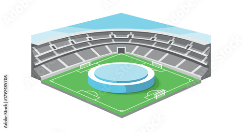 Isometric soccer stadium design with green field and modern architecture