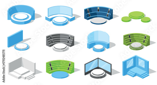 Modern isometric 3d stage designs for virtual platforms and events