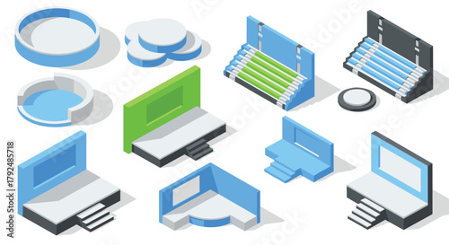 Isometric stage design collection with elevated platforms and textured backdrops