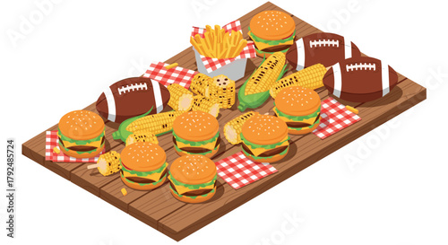 Isometric barbecue feast with burgers, corn, fries, and footballs on a picnic table