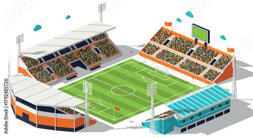 Colorful isometric soccer stadium with fans and detailed architecture