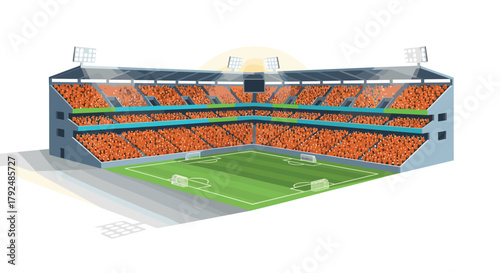 Modern isometric soccer stadium with bright crowd and illuminated field for sports events