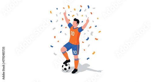 Soccer player celebrating a goal amidst colorful confetti in isometric style