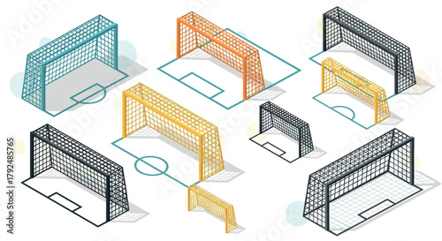 Isometric soccer goal set with various designs and colors for sports concepts