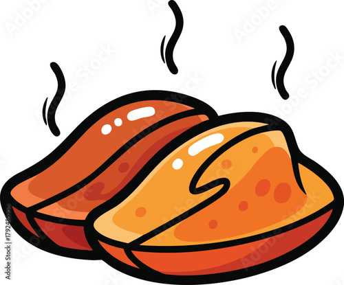 Two golden brown grilled sausages with steam rising above them isolated on white background