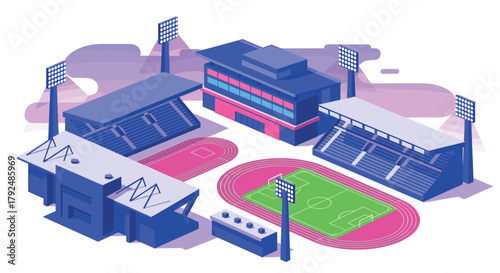 Modern isometric stadium complex with soccer field and track in vibrant colors