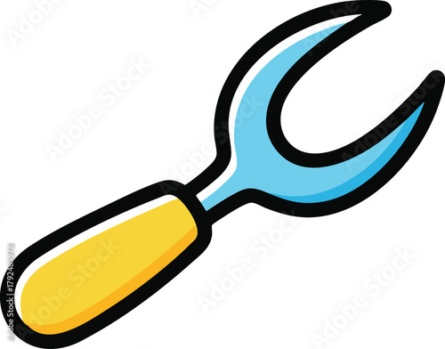 Simple cartoon illustration of a yellow handled tool with a blue bifurcated head against a white background