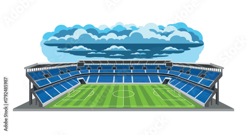 Modern flat style football stadium with green field and blue seats under cloudy sky