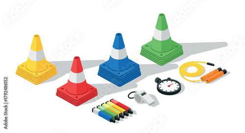 Colorful traffic cones and sport equipment in isometric design for fitness and training