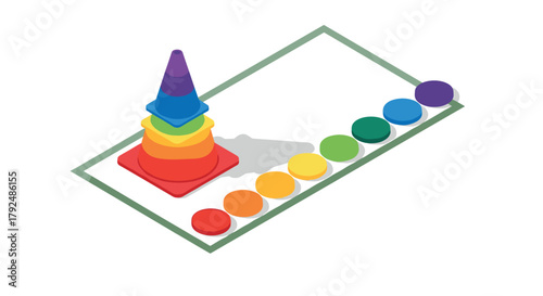 Colorful geometric children's toy pyramid with shadow on white background