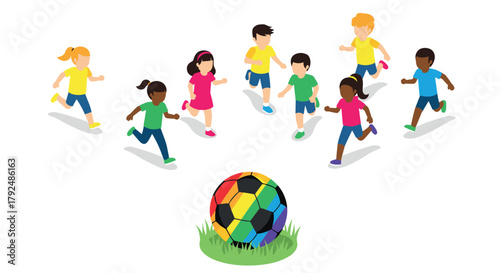 Diverse kids playing around a colorful soccer ball in isometric style