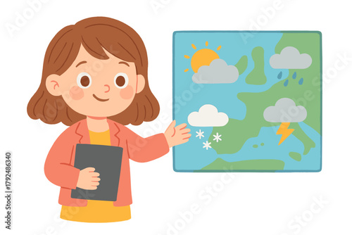 Friendly female character presenting a weather forecast map displaying diverse climate conditions