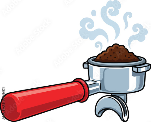 Espresso Machine Portafilter with Freshly Ground Coffee Steam Rising From Top