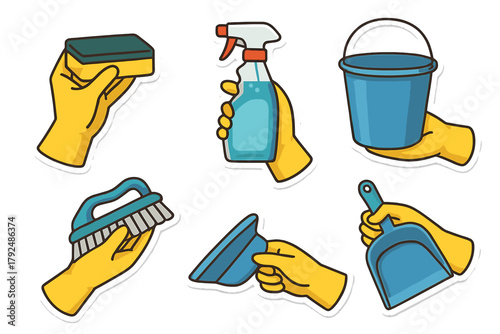 Set of hands in protective gloves holding essential domestic cleaning tools and supplies