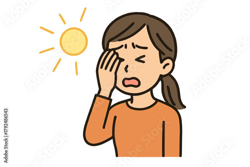 Young woman shielding eyes and squinting from intense bright sunlight glare