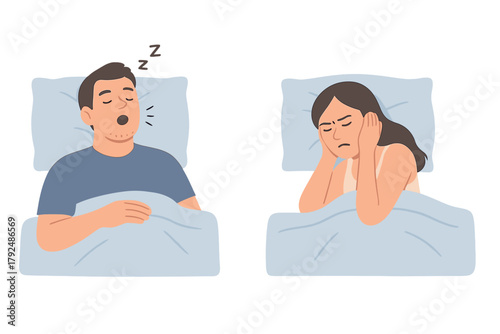 Frustrated woman covering ears unable to sleep due to partner's loud snoring in bed