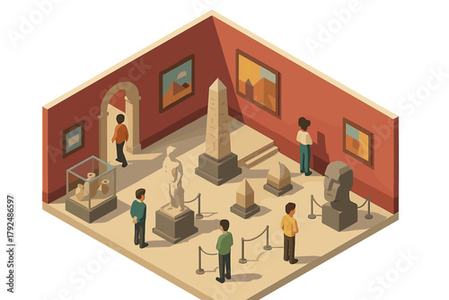 People viewing ancient artifacts and historical sculptures in a museum hall