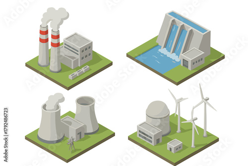 Isometric set of power plants: coal, nuclear, hydroelectric dam, and wind farm