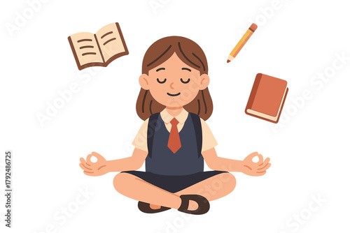 Focused student meditating in school uniform surrounded by floating books and pencil