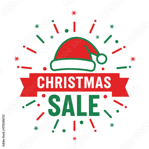 Modern Christmas sale banner design with Santa hat, red and green festive colors, perfect for winter holiday promotions, discount ads, and seasonal marketing campaigns.