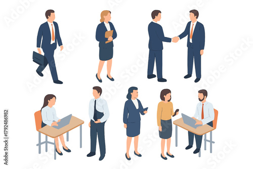 Collection of diverse business professionals interacting in various poses, isometric style