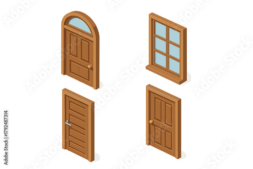 Isometric set of wooden doors and window frames for building construction and interior design