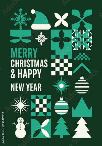 Modern Merry Christmas and Happy New Year greeting card with geometric shapes, snowflakes, tree, and festive icons in green tones. Perfect for holiday design and winter celebration themes.
