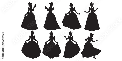 Princess Silhouette Vector, Set of silhouettes of princess, Cinderella runs out from ball and looses her shoe, Princess girl silhouette. Simple black graphic,  cinderella silhouette