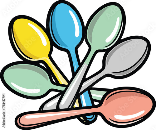 Colorful Spoons Arranged Together In A Fan Shape With Different Colors And Light Reflections